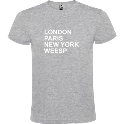 Afbeelding van Grijs t shirt met &quot; London, Paris , New York, Weesp print Wit size XXL