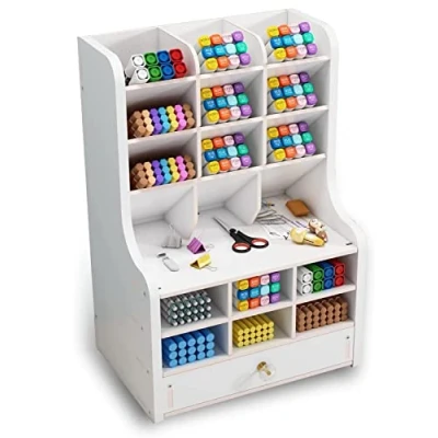 Afbeelding van Houten bureau organizer Multifunctioneel bureaublad briefpapier Pennenhouder Doos voor thuiskantoor Schoolbenodigdheden Opbergrek met lade (Wit b16)