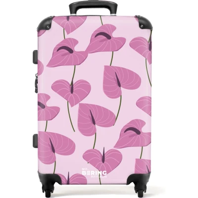 Afbeelding van NoBoringSuitcases.com® Koffer groot Rolkoffer lichtgewicht Roze met paarse bladeren Reiskoffer 4 wielen Grote trolley XL 20 kg bagage