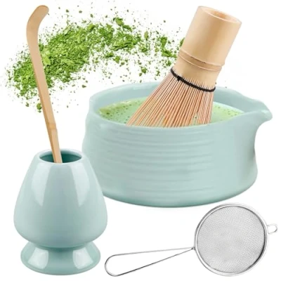 Afbeelding van matcha theeset, bezemset met garde, bezemhouder, schaal van keramiek, theelepels, zeef, Japanse accessoires voor de ceremonie