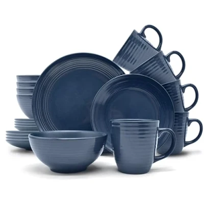 Afbeelding van ECHTWERK 16 delig vintage combiservies &quot;Alicia&quot; modern design voor 4 personen, stijlvol donkerblauw servies van stoneware met x platte borden, bijzetborden, kom, theekopjes