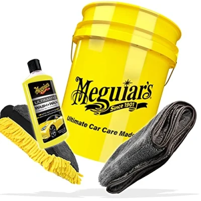 Afbeelding van detailmate Meguiars autowas set: Wash &amp; Wax Shampoo 473 ml was emmer 5 Gal. (19 liter) + 3 in 1 washandschoen microvezel droogdoek 1000 gsm