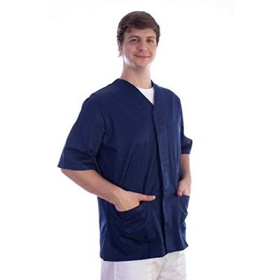 Afbeelding van Gima Kaszak van katoen en polyester, donkerblauw, V hals, halve mouwen, 5 knopen, uniseks, maat S, voor artsen, dierenartsen, verpleegsters gezondheidswerkers