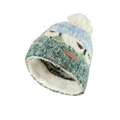 Afbeelding van Vrouwen Wol/Mohair Beanie Bobble Hoed Sherpa Fleece Gevoerde Handgebreide Schapen Ontwerp Veelkleurige one Size Handgemaakte Extra Warm Pachamama Fair Trade, Groen, Blauw, Wit Veelkleurig, size/M