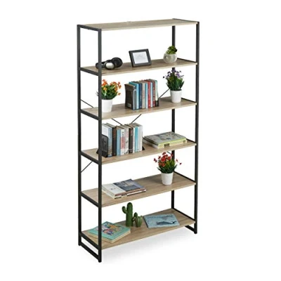 Afbeelding van Relaxdays boekenrek 6 vakken industrieel, hoog opbergrek, open design, HDB: 180 x 95 35 cm, van PB/metaal, bruin