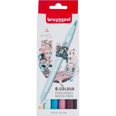 Afbeelding van Fineliner Brush pen Bruynzeel Creatives Venice set 6 kleuren