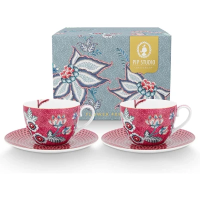 Afbeelding van Koffiekop Pip Studio Flower Festival Dark Pink 280 ml (Set van 2)