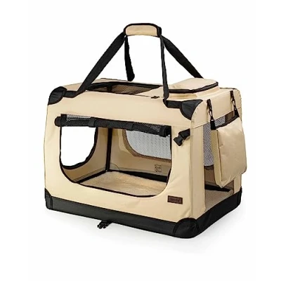 Afbeelding van lionto Opvouwbare Hondentransportbox voor Reizen &amp; Auto, 90x61x65 cm, Stevige Draagbox met Handvaten Deken, tot 22 kg, Duurzame Stoffen Hondenbox, Klein Groot, Beige
