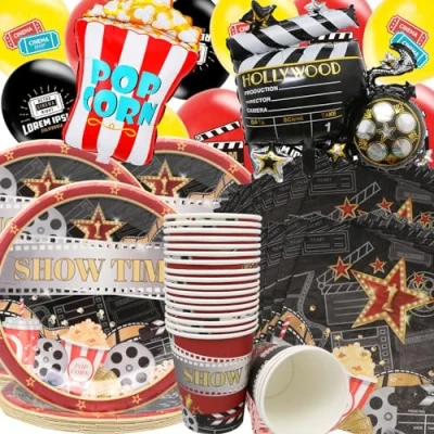 Afbeelding van Doyomtoy Filmnacht feestservies, 74 stuks, filmthemafeest, serviesset, borden, kopjes, servetten, ballonnen, popcornballon, verjaardag, filmfeestdecoraties, foliefeestballonnen voor 20 gasten