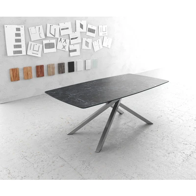 Afbeelding van Eettafel Edge bootsvorm 200x100cm Laminam® keramiek grijs middenvoet kruis zilver