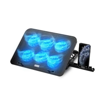 Afbeelding van NK Laptop Koeler Stand (Cooling Pad) 12 17&quot; Computer Ventilator met 5 in hoogte verstelbare standen, 6 stille ventilatoren, 2 USB poorten, snelle koeling, blauw LED licht Zwarte kleur
