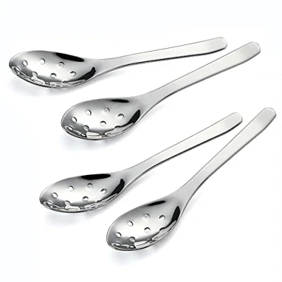 Afbeelding van Kleine sleuflepels, 4 stuks moderne stijlvolle dikke zware korte steel roestvrij staal 10 gaten duurzame kaviaarlepel voor soep granen dips currysauzen stoofschotels