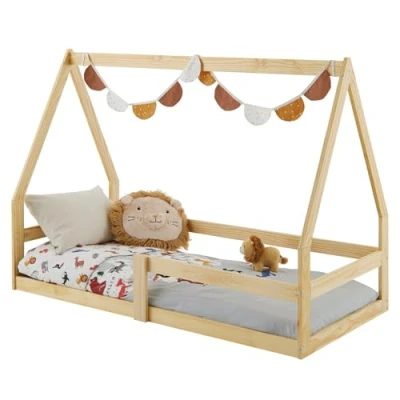 Afbeelding van IDIMEX Tami Montessori Huisbed, kinderbed in huisvorm, 70 x 140 cm, naturel, grenenhout, met valbeveiliging, ideaal om te slapen en spelen, bodembed