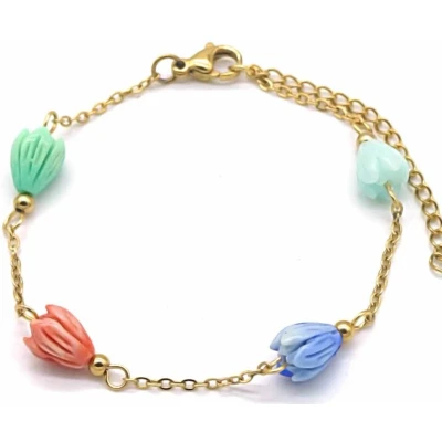 Afbeelding van Armband Dames Gekleurde Bloemen RVS Lengte 17 21 cm Goudkleurig