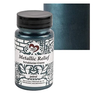 Afbeelding van Ideen mit Herz Sjabloneercrème metallic reliëf, fijne structuurpasta, sjabloneerverf, sjabloneerpasta, 90 ml, op waterbasis (petrol)