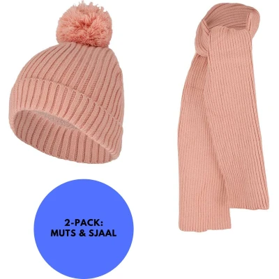 Afbeelding van Sarlini Winterset Meisjes Ribbed Licht Roze Sjaal + Muts 2 t/m 4 jaar