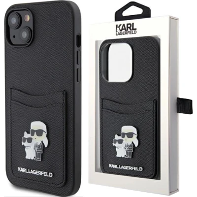 Afbeelding van Karl Lagerfeld Saffiano Kaartslot Karl&amp;Choupette Metalen Pin hoesje voor iPhone 15 zwart