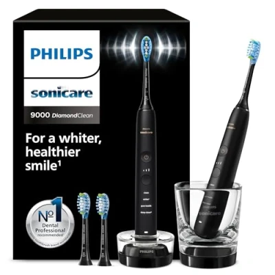 Afbeelding van Philips Sonicare DiamondClean 9000 elektrische tandenborstel, twee sonische tandenborstels met app, druksensor, 4 poetsmodi, 3 intensiteitsniveaus, oplaadglas, zwart, model HX9914/63