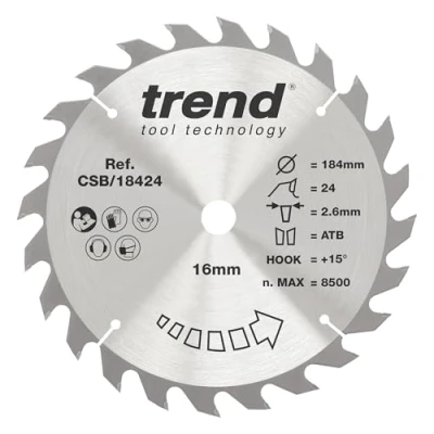Afbeelding van Trend CraftPro TCT cirkelzaagblad voor algemeen gebruik, 184 mm x 24 tanden 16 asgat, wolfraamcarbide getipt, CSB/18424