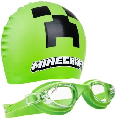 Afbeelding van Get Trend Minecraft Zwembril en badmuts, kinderen jongeren, anti condens, uv bescherming, verstelbare riem, zwembadaccessoires (minecraft groen, 6 14 jaar)