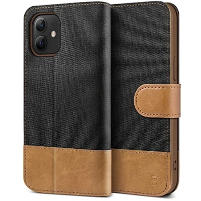 Afbeelding van BEZ iPhone 12 Mini Hoesje, (5.4) Hoesje Book Case Leer Wallet, Flip Wallet [Canvas Kunstleer] met Creditcardhouders, Standaard, Magnetische Sluiting, Zwart