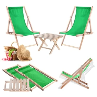 Afbeelding van KADAX Klaptafel met 2 ligstoelen, kleine tuintafel van hout, bijzettafel voor balkon en tuin, koffietafel, klein, balkontafel, inklapbaar (groen)