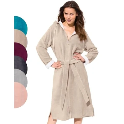 Afbeelding van Morgenstern badjas met rits dames capuchon bamboe katoen microfiber badstof velour beige XL