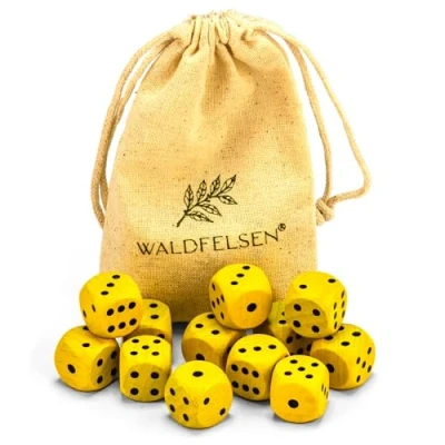 Afbeelding van Waldfelsen 6, 12, 20, 30 of 50 hoogwaardige houten kubussen van echt beukenhout, 16 mm standaard dobbelstenen met stoffen zak, dobbelstenen, set 12 stuks, geel