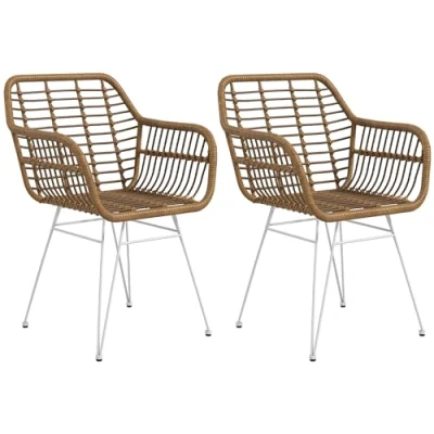 Afbeelding van HOMCOM Eetkamerstoelen, set van 2, keukenstoelen met rugleuning, rotanlook, eetkamerstoel stalen poten, in boho stijl, voor woonkamer, eetkamer, balkon, lichtbruin