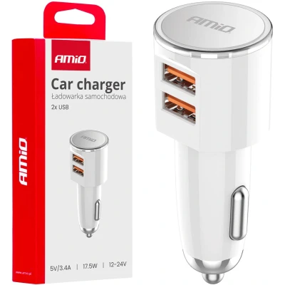 Afbeelding van AMiO Autolader Telefoon 2x USB A 3.4A 12/24V Wit
