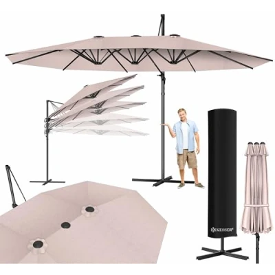 Afbeelding van KESSER® Dubbele Parasol 4,6m x 2,7m Zweefparasol inclusief beschermhoes &amp; Windscherm met zwengel en standaard Kantelbaare aluminium 360 draaibaar Waterafstotend Taupe