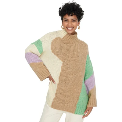 Afbeelding van Trendyol Beige Gebreide Trui Met Zachte Textuur En Kleurblokken Brede Pasvorm Twoaw20Xs0047