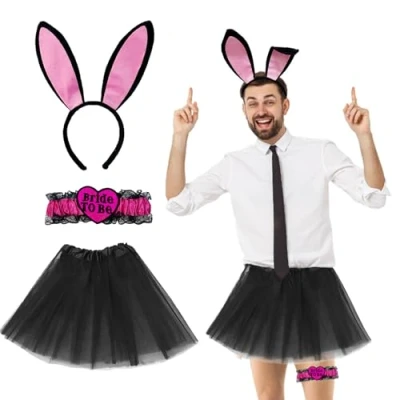 Afbeelding van FUIPVGI JGA Outfit Heren Set, Hen Party Kostuum Tutu Mannen, Konijnenoren Hoofdband, Bruidegom Kousenband voor vrijgezellenfeest, Bruiloft Feest Spoof, Accessoires (zwart)