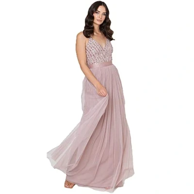 Afbeelding van Maya Deluxe Maxi jurk voor dames, lange lengte, bruiloftsgast, bruidsmeisje, gala, zomer, avondjurk, V hals, bandjes, vlinderdas, Frosted Roze, 50