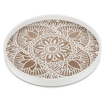Afbeelding van Hanobe Ronde houten decoratieve lade: rustieke witte boho salontafel lade boerderij dienblad decor middelpunt cirkel Ottomaanse dienbladen voor thuis keuken aanrecht
