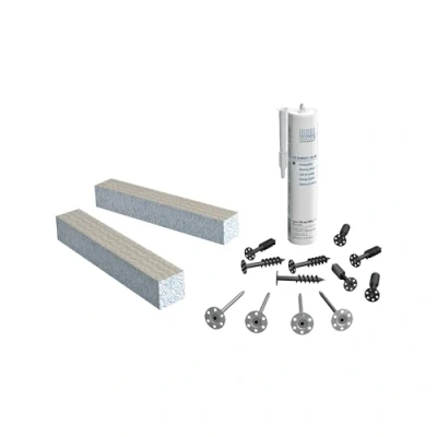 Afbeelding van LUX ELEMENTS ﻿Montageset voor badkuipen klaar om te betegelen I 2x ﻿aanslagen + 8x schroefplug &amp; 4x slagplug 1x montagelijm Schimmelresistent
