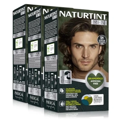 Afbeelding van Naturtint Men Permanente haarkleur zonder ammoniak, speciaal voor mannen, 100% grijsdekking, natuurlijke en langdurige kleur, ingrediënten, 5N lichtbruin, verpakking van 3 stuks