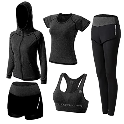 Afbeelding van ZETIY Vrouwen 5 stks Yoga Pak Sweatsuit Activewear Sets Sport Fitness Kleding Dames Workout Outfit Sportpakken voor Running Jogging Gym, Zwart, M