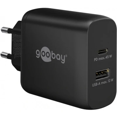 Afbeelding van Goobay USB C PD dual snellader (45 W) zwart 1x poort (Power Delivery) en A
