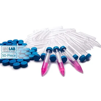 Afbeelding van ISOLAB Kunststof centrifugebuisjes, 15 ml, conische bodem, blauwe schroefdoppen, met graduatie, verpakking van 50 stuks