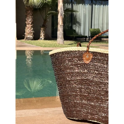 Afbeelding van Bohemida Rieten Tas Boho Ibiza Shopper tas/Strandtas Bruin pailletten Boodschappentas Mandtas Boodschappenmand Afsluitbaar