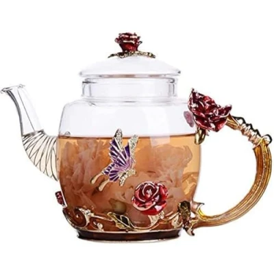 Afbeelding van YBK Tech theepot van geëmailleerd glas, in geschenkdoos, kleine voor Kung Fu thee (rode roos)