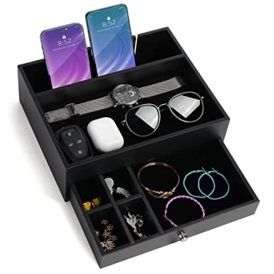 Afbeelding van Belle Vous Zwarte 7 Compartimenten Valet Dressoir/ Nachtkast Organiser Tray met Lade Bureau Opslag Doos voor Beurs, Telefoon, Sleutels, Sieraden/ Accessoires en Geld Allesvanger Naast het Bed
