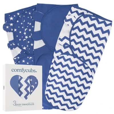 Afbeelding van Comfy Cubs Babydeken, inbakerdeken 0 3 maanden, Newborn Essentials, Baby Sleep Sack Wrap, 100% ademend katoen, babyjongen meisje, verstelbaar pack (donkerblauw, small medium)