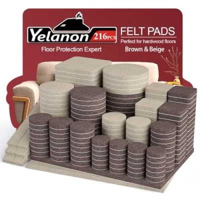 Afbeelding van Yelanon Vilten meubelpads, 216 stuks, hardhout, vloeren, zelfklevend, anti kras vloerbeschermers voor meubelpoten, stoelpoten, meubelviltpads, beige en bruin