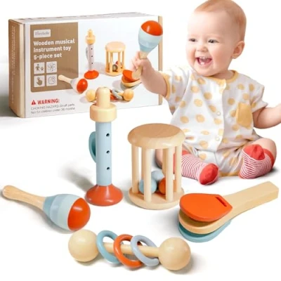 Afbeelding van Arbolisse Montessori Babyspeelgoed 3 6 9 maanden, 5 stuks houten speelgoed vanaf 1 jaar, maanden tot babymuziekspeelgoed, sensorisch training, educatief