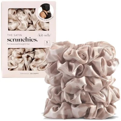 Afbeelding van Kitsch Satijnen scrunchies, zachter dan zijde, haarscrunchies voor kroespreventie 5 stuks (luipaard)