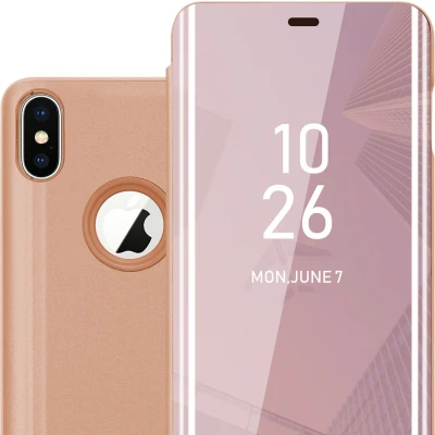 Afbeelding van Cadorabo Hoesje geschikt voor Apple iPhone XS MAX in KUNZIET ROZE Clear View Spiegel Beschermende Case met Tribunefunctie 360 Graden Bescherming Book Cover Etui