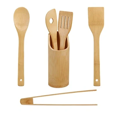 Afbeelding van Relaxdays keukengerei set met houder 6 delig kookgerei kooklepels spatel bamboe