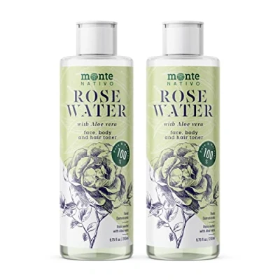 Afbeelding van Rozenwater met aloë vera Monte Nativo 2 x 200 ml (400 ml), natuurlijke cosmetica voor gezichtsreiniging en gezichtsverzorging, gezichtswater, gezichtstoner, rozenwater, anti puistjes, huidverzorging, huidverzorging